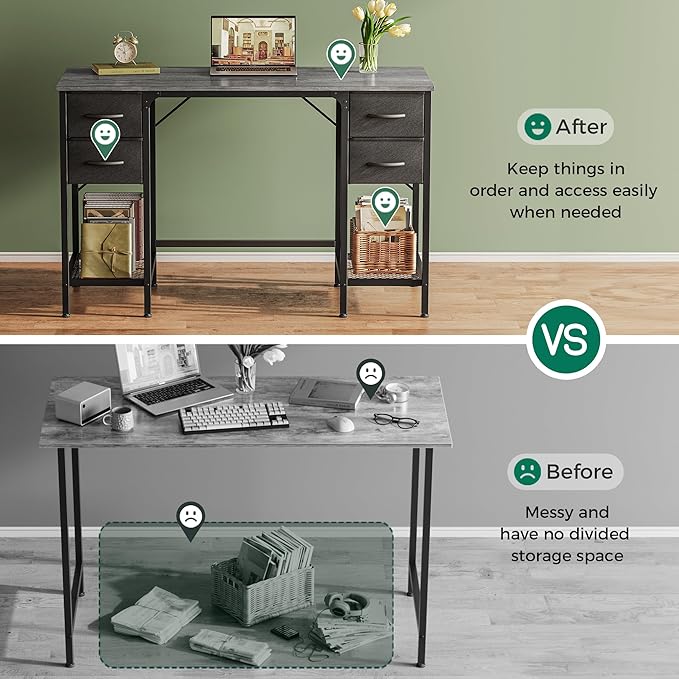 47 Inch Computer Desk with 4 Drawers, Office Desk with Mesh Shelf, Gaming Desk, Large Storage, Writing Desk Work Desk for Home Office, Study, Bedroom, Work from Home, Grey - LeafyLoom