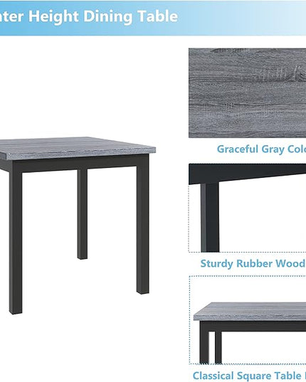 5-Piece Counter Height Dining Set, 35.4-Inch Wood Square Table and 4 Upholstered High-Back Chairs for Kitchen, Breakfast Nook, Bar, Living Room, Gray+Black, 35.4''L x 35.4''W x 36''H - LeafyLoom