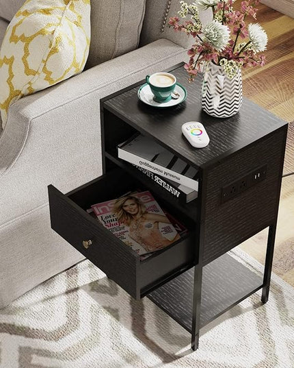 LDTTCUK Nightstand Set of 2 with Charging Station, Modern End Table with Drawer, Bedside Table with Open Storage for Bedroom,Black - LeafyLoom