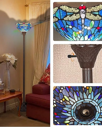 Capulina Tiffany Torchiere Floor Lamp 70 Inches Tall Industrial Pole Vintage Blue Dragonfly Style Standing Floor Light for Home Office Living Room Bedroom Farmhouse - LeafyLoom