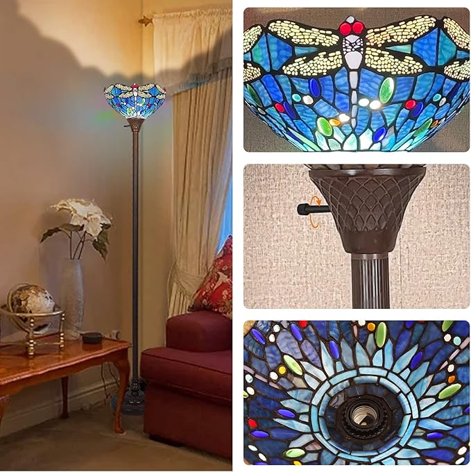 Capulina Tiffany Torchiere Floor Lamp 70 Inches Tall Industrial Pole Vintage Blue Dragonfly Style Standing Floor Light for Home Office Living Room Bedroom Farmhouse - LeafyLoom