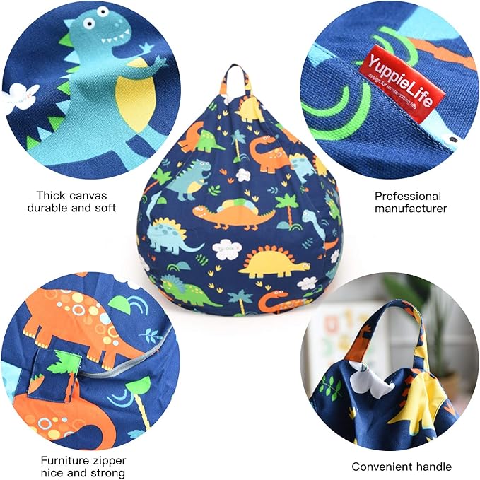 YuppieLife Kids Storage Bean Bag Cover（No Filling）Toy Organizer|Carrying Handle Sofa|Available for Kids and Teenager|Cuddle Chair|Machine Washable and Durable（38“,Dinosaur） - LeafyLoom