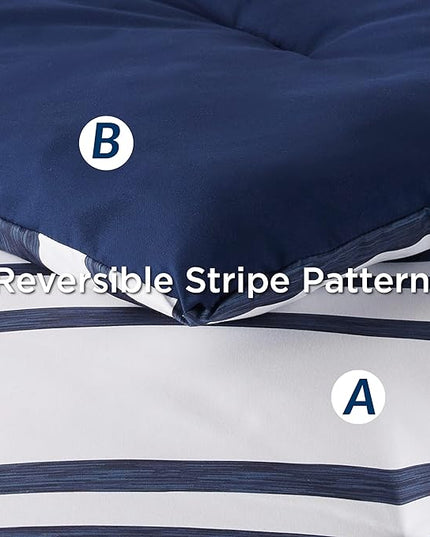Bedsure Bed in a Bag Full Size 7 Pieces, Navy White Striped Bedding Comforter Sets All Season Bed Set, 2 Pillow Shams, Flat Sheet, Fitted Sheet and 2 Pillowcases - LeafyLoom