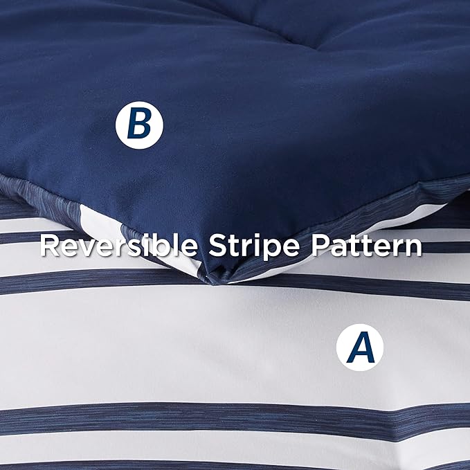 Bedsure Twin XL Comforter Set, Extra Long 5 Pieces Navy Striped Twin XL Bedding Sets, All Season Dorm Room Essentials with 1 Pillow Sham, Flat Sheet, Fitted Sheet and 1 Pillowcase - LeafyLoom