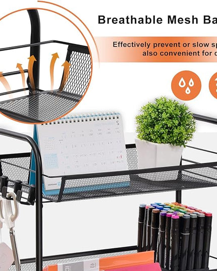 TOOLF 4-Tier Rolling Cart, Metal Utility Cart with 3 Hooks, Easy Assemble Mobile Storage Trolley On Wheels, Metal Shelving Units Kitchen Bathroom Laundry Room - LeafyLoom