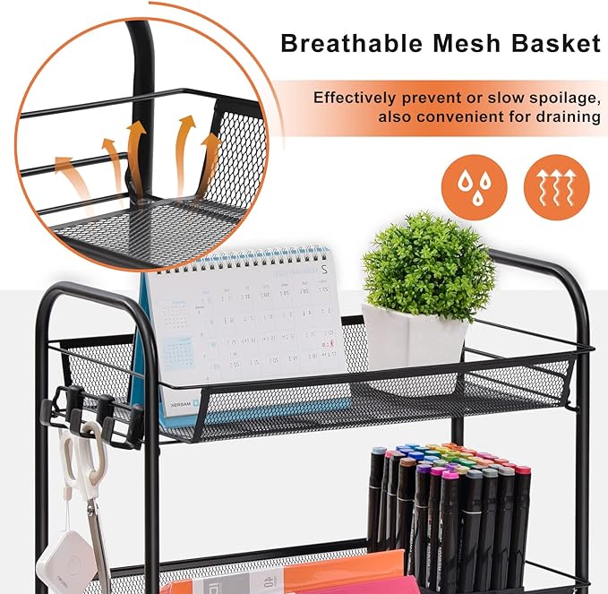 TOOLF 4-Tier Rolling Cart, Metal Utility Cart with 3 Hooks, Easy Assemble Mobile Storage Trolley On Wheels, Metal Shelving Units Kitchen Bathroom Laundry Room - LeafyLoom