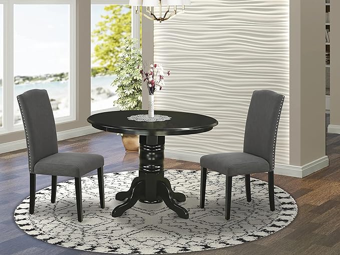 East West Furniture SHEN3-BLK-20 3 Piece Room Set Contains a Round Kitchen Dining Table with Pedestal and 2 Dark Gotham Linen Fabric Upholstered Chairs, 42x42 Inch - LeafyLoom
