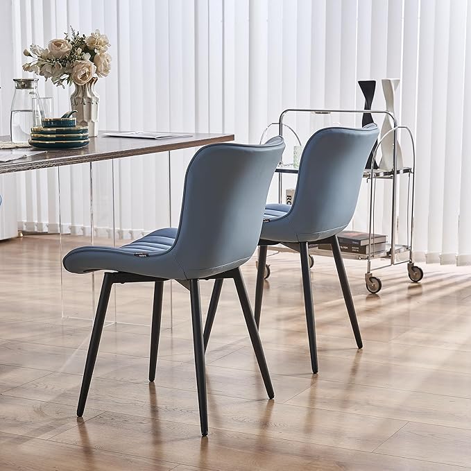 YOUNUOKE Blue Dining Chairs Set of 2 Upholstered Mid Century Modern Kitchen Dinner Chair Armless Faux Leather Guest Waiting Room Side Chair with Padded Backrest Metal Legs for Living Room Bedroom - LeafyLoom
