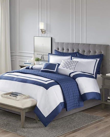 Madison Park Heritage Comforter Quilt Combo Set - Modern Luxury Design, All Season Down Alternative Bedding, Matching Shams, Decorative Pillows, King/Cal King(104"x92"), Color Block Navy 8 Piece - LeafyLoom