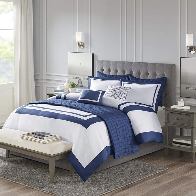 Madison Park Heritage Comforter Quilt Combo Set - Modern Luxury Design, All Season Down Alternative Bedding, Matching Shams, Decorative Pillows, King/Cal King(104"x92"), Color Block Navy 8 Piece - LeafyLoom