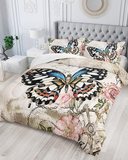 Butterfly Comforter Set for Girls Kids Adults Butterfly Rose Bedding Set Aesthetics Butterflies Quilt Duvet Set Twin Size with 1 Comforter and 2 Pillowcases - LeafyLoom
