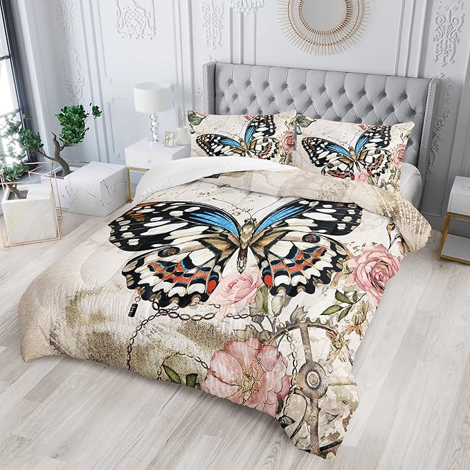 Butterfly Comforter Set for Girls Kids Adults Butterfly Rose Bedding Set Aesthetics Butterflies Quilt Duvet Set Twin Size with 1 Comforter and 2 Pillowcases - LeafyLoom