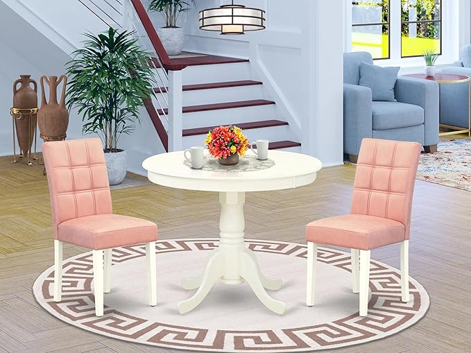 East West Furniture ANAS3-LWH-42 Antique 3 Piece Set Consists A Wood Table and 2 Beige Red Faux Leather Mid-Century Dining Chairs with Stylish Back, Linen White Finish, 36x36 Inch - LeafyLoom