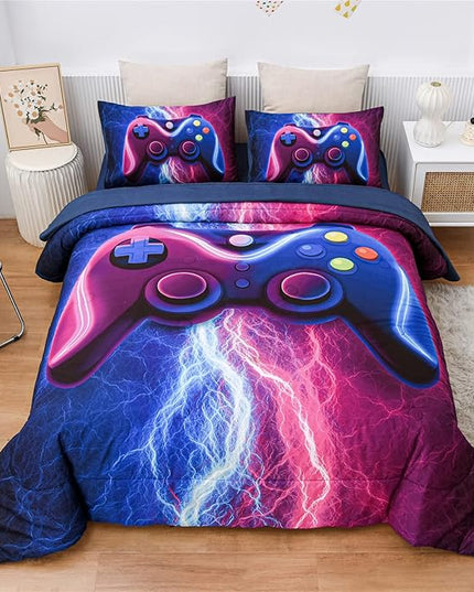 Meeting Story Gamer Gaming Bedding Sets Red Blue Lightnings Gamepad Comforter Set for Boys Games Console Action Buttons Novelty Colorful Modern Room Decor Home Quilt Set (Blue-Purple, Twin 5Pcs) - LeafyLoom
