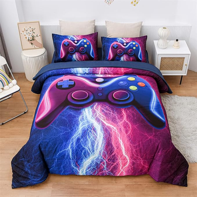 Meeting Story Gamer Gaming Bedding Sets Red Blue Lightnings Gamepad Comforter Set for Boys Games Console Action Buttons Novelty Colorful Modern Room Decor Home Quilt Set (Blue-Purple, Twin 5Pcs) - LeafyLoom