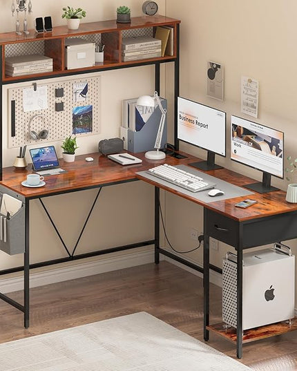 Yoobure L Shaped Desk with LED Strip & Power Outlet, Reversible L-Shaped Computer Desk, Corner Desks Home Office Desk with Drawer, Gaming Desk - LeafyLoom