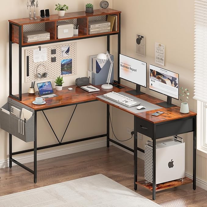 Yoobure L Shaped Desk with LED Strip & Power Outlet, Reversible L-Shaped Computer Desk, Corner Desks Home Office Desk with Drawer, Gaming Desk - LeafyLoom