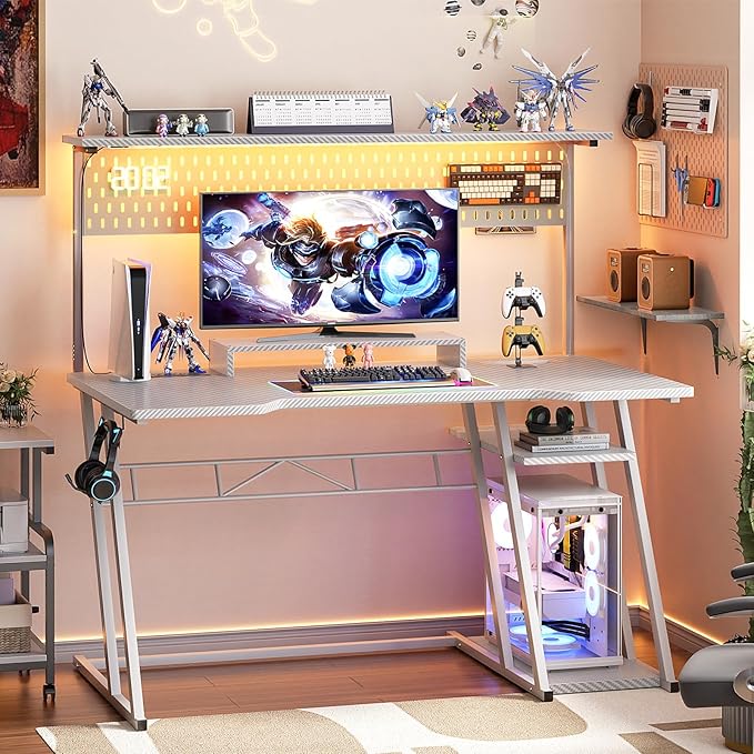 Gaming Computer Desk with Storage Shelves & Z-Shaped Legs, White Gaming Desk with Hutch and LED Lights, Reversible PC Gaming Desk with Pegboard for Bedroom & Small Spaces, Carbon Fiber Surface, 47'' - LeafyLoom