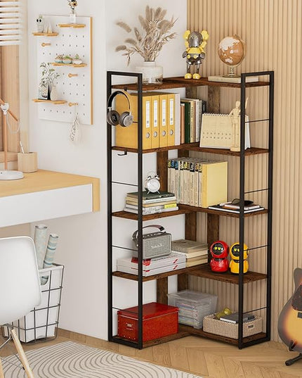 5 Tier Bookshelf Wood Bookcase with 2 Hooks Modern Corner Bookshelf Library Industrial Shelving Book Case Adjustable Book Shelves for Bedroom Living Room Home Office Rustic Brown - LeafyLoom