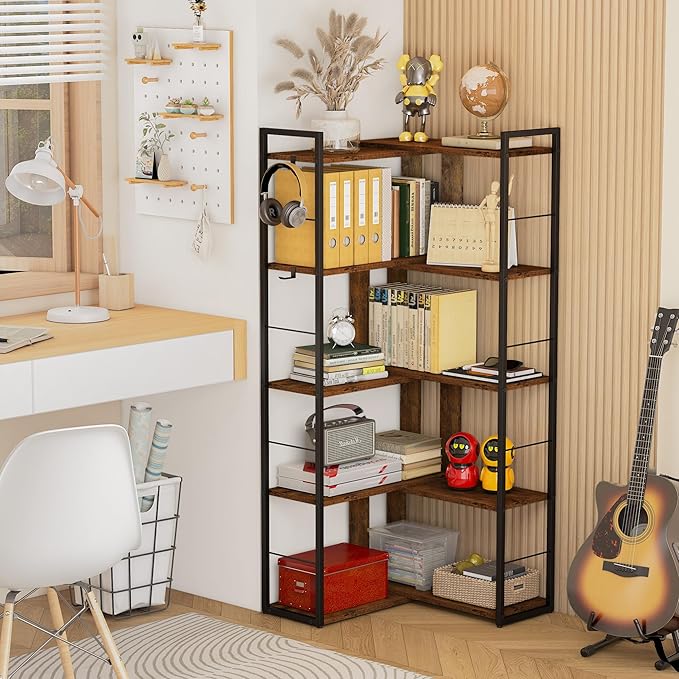 5 Tier Bookshelf Wood Bookcase with 2 Hooks Modern Corner Bookshelf Library Industrial Shelving Book Case Adjustable Book Shelves for Bedroom Living Room Home Office Rustic Brown - LeafyLoom