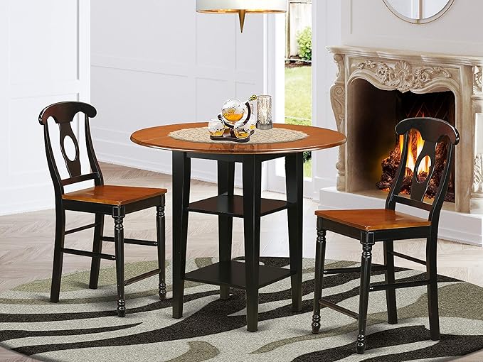 East West Furniture SUKE3H-BCH-W Sudbury 3 Piece Counter Height Set Contains a Round Wooden Table with Dropleaf & Shelves and 2 Kitchen Dining Chairs, 42x42 Inch - LeafyLoom