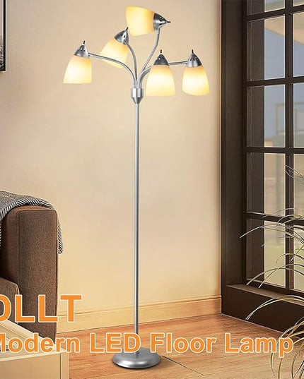 DINGLILIGHTING Floor Lamp Tall for Room: Flexible Gooseneck Floor Lamps Standing for Bedroom Home Office - Modern Floor Lights Silver 5-Light - LeafyLoom