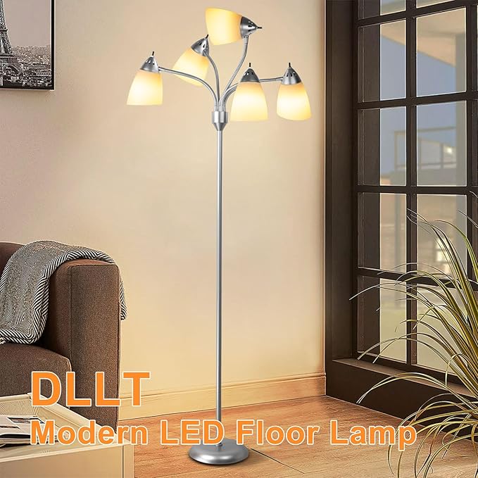 DINGLILIGHTING Floor Lamp Tall for Room: Flexible Gooseneck Floor Lamps Standing for Bedroom Home Office - Modern Floor Lights Silver 5-Light - LeafyLoom
