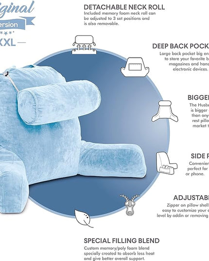 Husband Pillow XXL Sky Blue Backrest with Arms - Adult Reading Pillow Shredded Memory Foam, Ultra-Comfy Removable Microplush Cover, Detachable Neck Roll, Unmatched Support for Bed Rest Sit Up Pillow - LeafyLoom