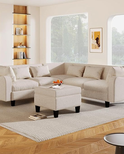 Modern L-Shaped Couch with Coffee Table & 6 Pillows, 6-Seat Sectional Sofa Set with Storage Ottoman & Unique Curved Armrest, Convertible 5-Seat Indoor Furniture for Living Room, Apartment - LeafyLoom