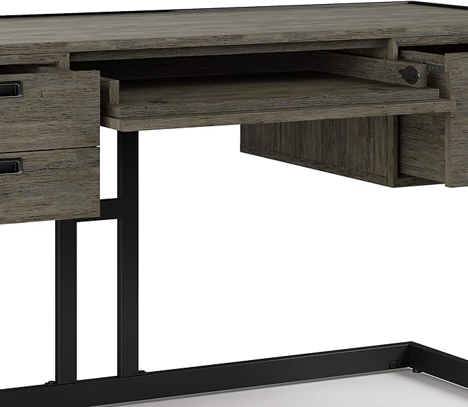SIMPLIHOME Hampden SOLID ACACIA WOOD Modern Industrial 60 Inch Wide Desk in Weathered Grey, For the Office Desk, Writing Table, Workstation and Study Table - LeafyLoom