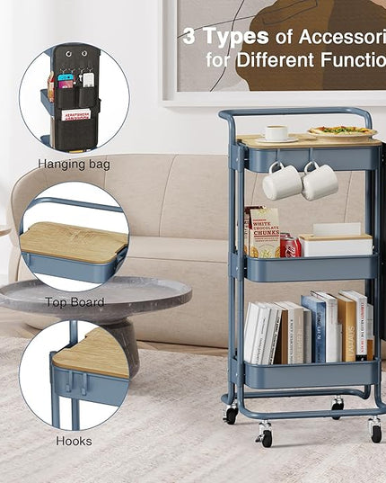 DTK 3 Tier Metal Utility Rolling Cart with Table Top and Side Bags, Metal Tray Storage Organizer Cart with Wheels, Art Craft Cart with 4 Hooks for Kitchen Bathroom Office Living Room (Blue) - LeafyLoom