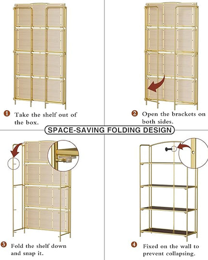 No Assembly Folding Bookshelf, 4 Tier Gold Bookshelf, Metal Book Shelf for Storage, Folding Bookcase for Office Organization and Storage, 12.87" D x 30.9" W x 55.71" H - LeafyLoom