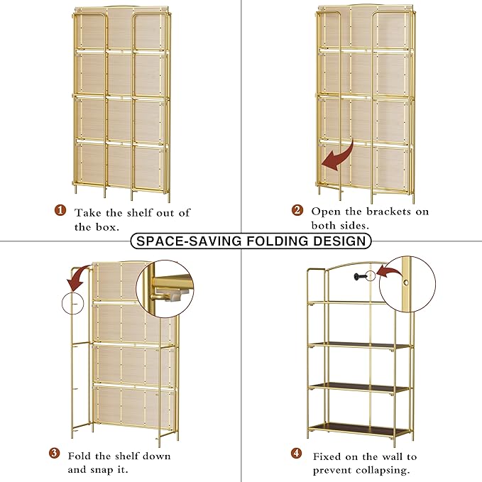 No Assembly Folding Bookshelf, 4 Tier Gold Bookshelf, Metal Book Shelf for Storage, Folding Bookcase for Office Organization and Storage, 12.87" D x 30.9" W x 55.71" H - LeafyLoom