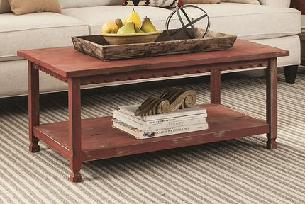 Rustic Rectangluar Coffee Table with 1 Shelf, Red Antique - LeafyLoom