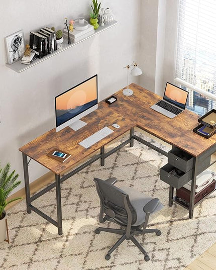 BANTI L-Shaped Computer Desk, Home Office Corner Desk with Non-Woven Drawer, Sturdy Writing Table, Space-Saving,Brown - LeafyLoom