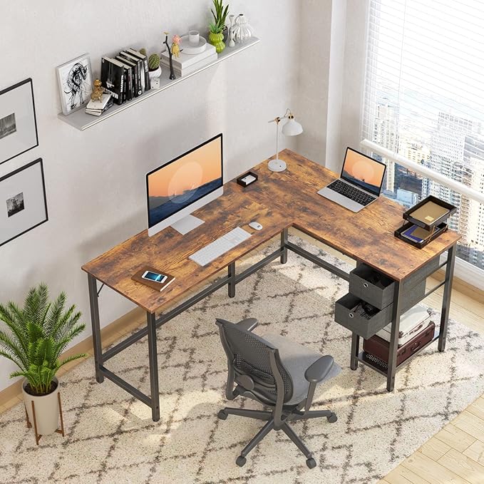 BANTI L-Shaped Computer Desk, Home Office Corner Desk with Non-Woven Drawer, Sturdy Writing Table, Space-Saving,Brown - LeafyLoom