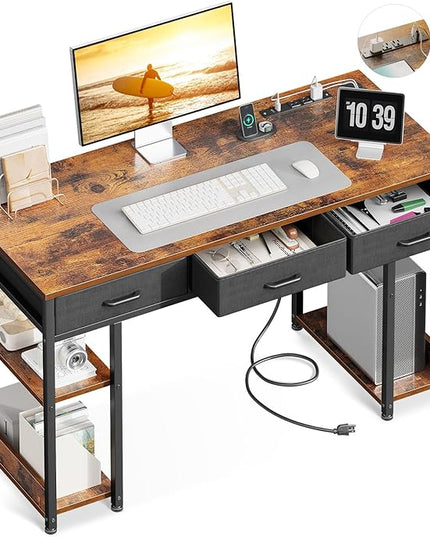 AODK 48 Inch Office Desk with Fabric Drawers & Power Outlets, Computer Desk with Storage Shelves & CPU Stand, Writing Study Table, Small Desk for Bedroom, Vintage - LeafyLoom