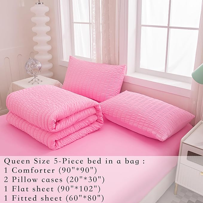 Pink Comforter Sets Queen Size, Pink Bedding Sets,Bed in a Bag Comforter 5 Pieces-Soft Lightweight Microfiber Bed Set for All Season… - LeafyLoom