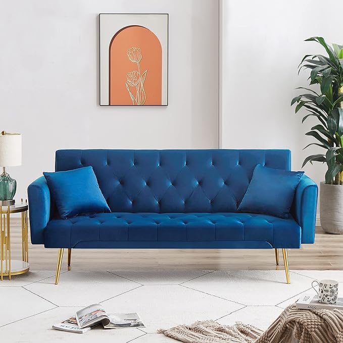 Convertible Folding Futon Sofa Bed Sleeper Lounge Couch,Small Velvet Upholstered Recliner Loveseat Daybed with Adjustable Backrest and Golden Metal Legs Space-Saving Sofabed for Living Room Office - LeafyLoom