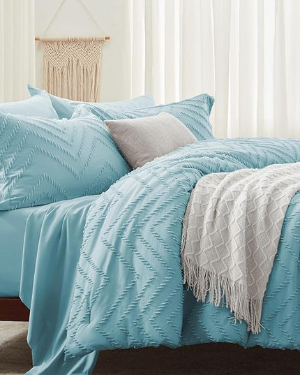 Anluoer Queen Comforter Set, Sky Blue Tufted Bed in a Bag 7 Pieces with comforters and sheets, All Season Bedding Sets with 1 Comforter, 2 PillowShams, 2 Pillowcases, 1 Flat Sheet, 1 Fitted Sheet - LeafyLoom