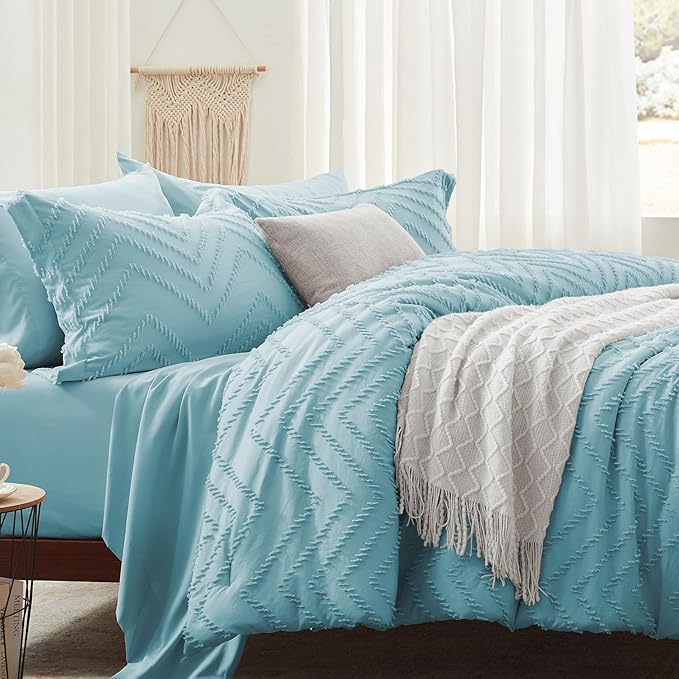 Anluoer King Comforter Set, Sky Blue Tufted Bed in a Bag 7 Pieces with comforters and sheets, All Season Bedding Sets with 1 Comforter, 2 PillowShams, 2 Pillowcases, 1 Flat Sheet, 1 Fitted Sheet - LeafyLoom