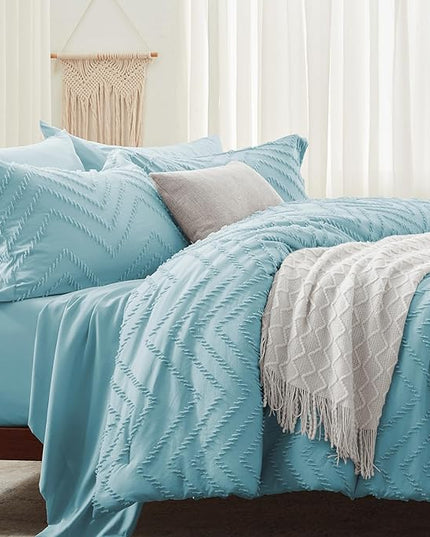 Anluoer Twin Comforter Set, Sky Blue Tufted Bed in a Bag 5 Pieces with comforters and sheets, All Season Bedding Sets with 1 Comforter, 1 PillowShams, 1 Pillowcases, 1 Flat Sheet, 1 Fitted Sheet - LeafyLoom