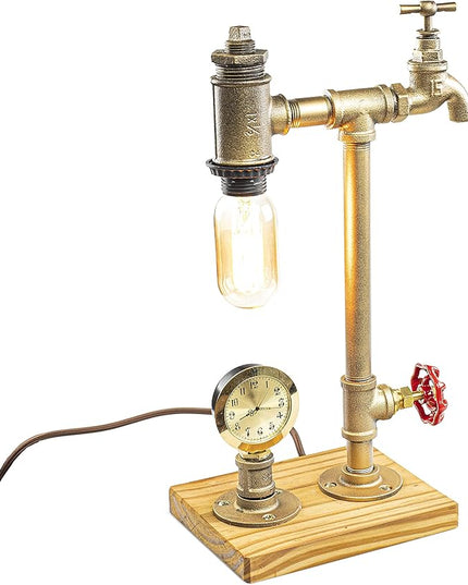 Steampunk Lamp with Dimmer, Dimmable Loft Style Industrial Vintage Antique Style Light with Bulb, Clock, Wood Base with Iron Piping Desk Lamp, Retro Desk Lamp LL-031 - LeafyLoom