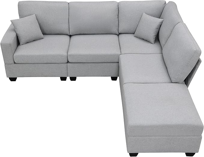 90" Sectional Couch, 5-Seat Modular Sectional Sofa with Convertible Ottoman, L-Shape Corner Sofa Set with 2 Pillows for Living Room, Apartment, Office - LeafyLoom