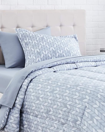 Amazon Basics Lightweight Microfiber Bed-in-a-Bag Comforter 5-Piece Bedding Set, Twin/Twin XL, Gray Leaf, Printed - LeafyLoom