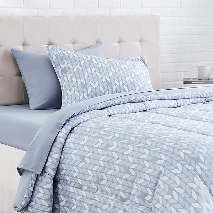 Amazon Basics Lightweight Microfiber Bed-in-a-Bag Comforter 5-Piece Bedding Set, Twin/Twin XL, Gray Leaf, Printed - LeafyLoom