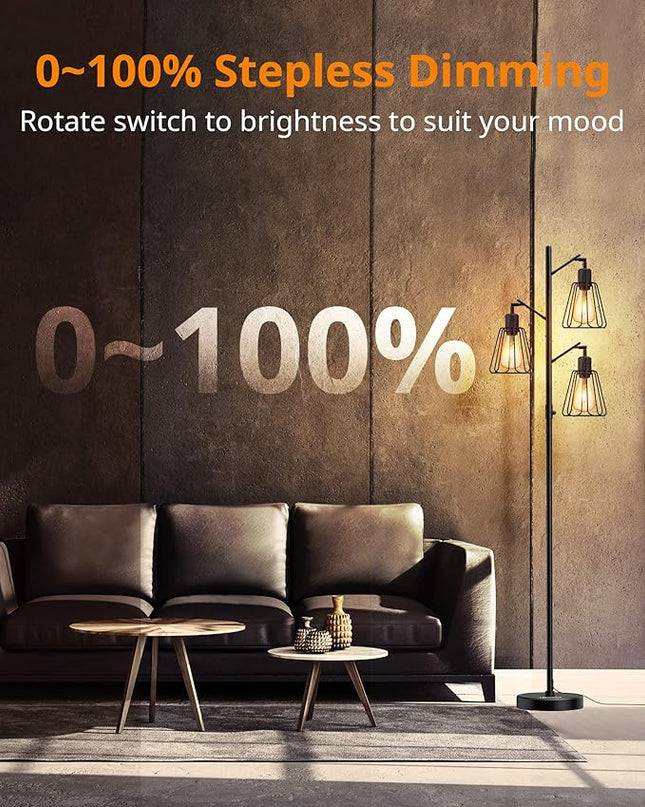 LEPOWER Tree Floor Lamp, Industrial Floor Lamps for Living Room with Multi Head, Dimmable Floor Lamp, LED Standing lamp Edison Bulbs, Pole Tall Lamp for Bedroom Office Black - LeafyLoom