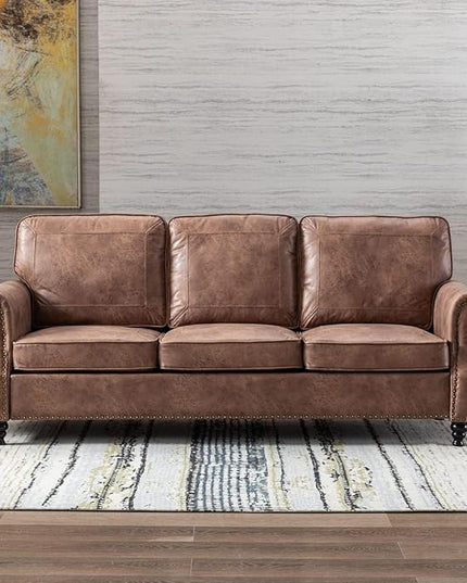 Dreamsir 79'' Traditional Faux Leather Sofa, 3 Seater Leather Couch with Nailhead Trim and Rolled Arms, Classic Couches for Living Room, Apartment, Bedroom, Easy to Install（Dark Brown） - LeafyLoom