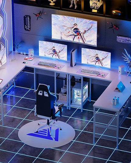 Reversible L Shaped Computer Desk Power Outlets and USB Ports, Large Corner Desk, Sturdy Home Office Gaming Table with Storage, Unique Grid Design Writing Desk, Easy to Assemble, Pure White - LeafyLoom