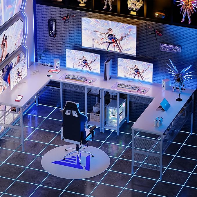 Reversible L Shaped Computer Desk Power Outlets and USB Ports, Large Corner Desk, Sturdy Home Office Gaming Table with Storage, Unique Grid Design Writing Desk, Easy to Assemble, Pure White - LeafyLoom